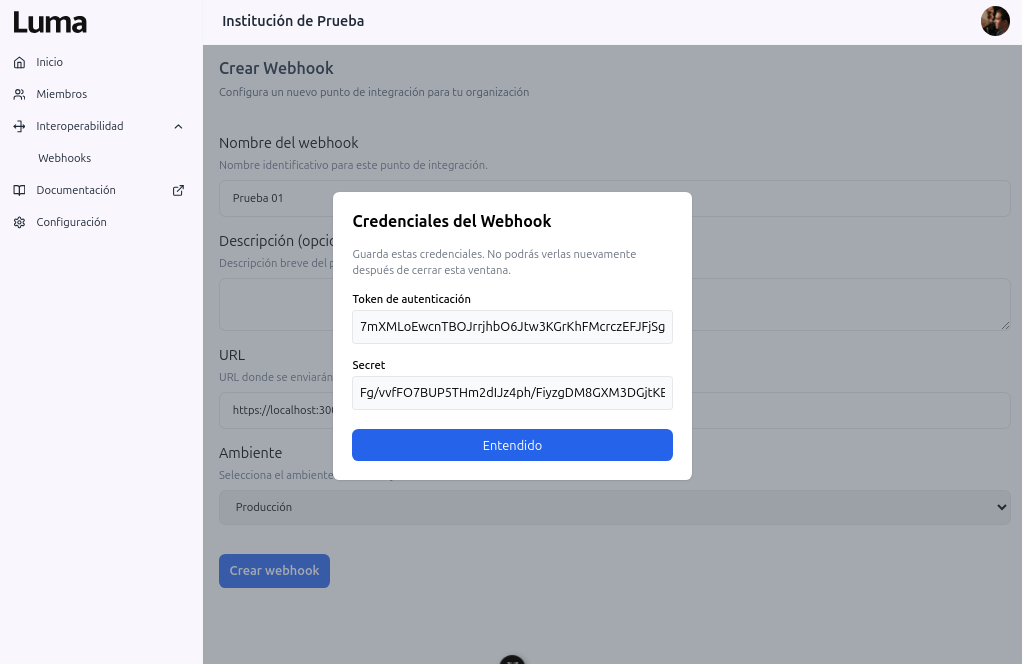 Credenciales del Webhook